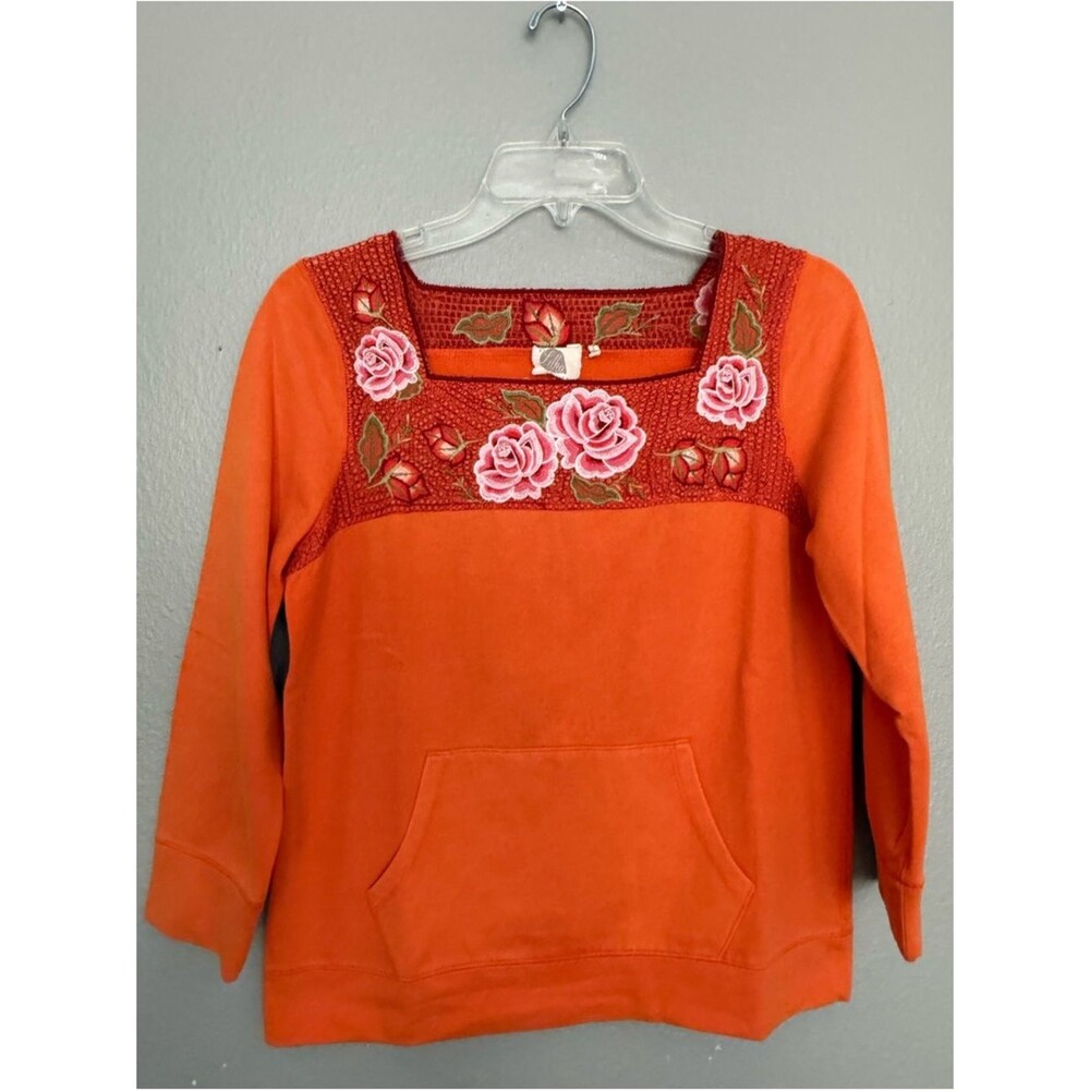 Anthropologie Lilka Embroidered Rose Sweatshirt Square Neck Orange L